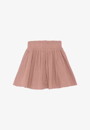 Jupe rose clair, arrivant au genou, avec une ceinture smockée, un design plissé et des accents floraux brodés près de l'ourlet. Fabriquée en tissu doux.