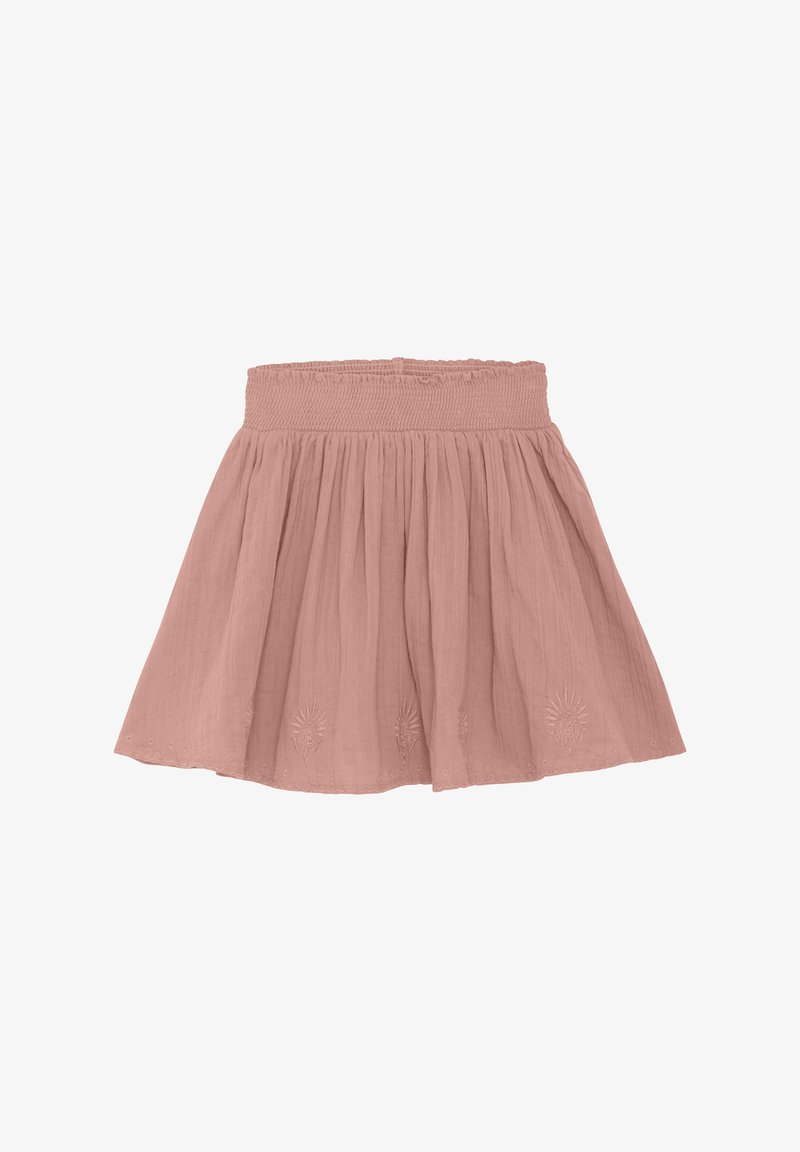 Light pink, knee-length skirt with a smocked waistband, pleated design, and embroidered floral accents near the hem. Made of soft fabric.