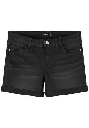 Short en denim noir avec bouton à l'avant, passants de ceinture, deux poches avant et ourlets repliés.