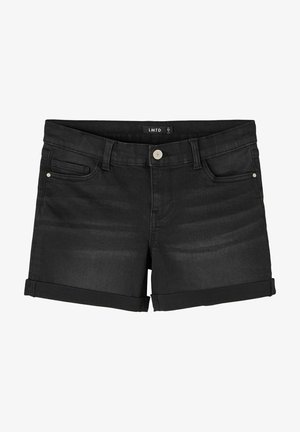 Short en denim noir avec bouton à l'avant, passants de ceinture, deux poches avant et ourlets repliés.