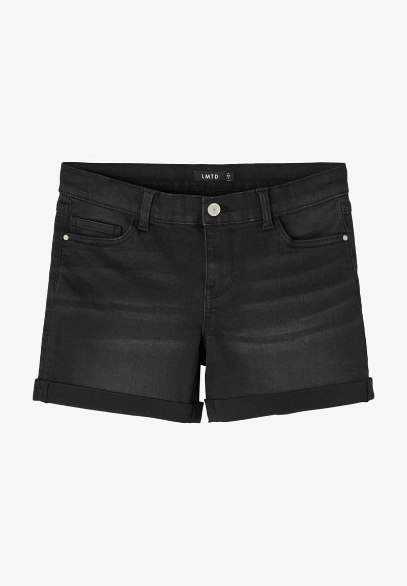 Short en denim noir avec bouton à l'avant, passants de ceinture, deux poches avant et ourlets repliés.