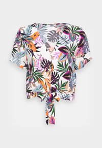 Bluse med blomsterprint og korte ærmer i let stof, med V-hals, knaplukning og bindebånd foran. Farverne inkluderer grøn, orange og lilla.