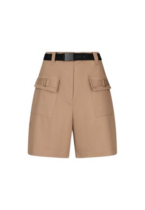 Shorts cargo beige a vita alta con grandi tasche a pattina frontali e cintura nera con fibbia in plastica e marchio "Liu Jo".