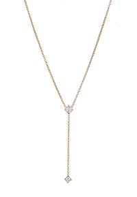 Collier en chaîne dorée avec un pendentif central en cristal et une chute avec un plus petit cristal à l'extrémité ; design délicat et élégant.