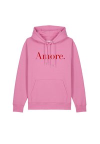 Rosa Kapuzensweatshirt mit einer Tasche vorne; mit der Aufschrift "Amore." in Rot. Der Stoff wirkt weich; das Design beinhaltet Kordeln und gerippte Bündchen.