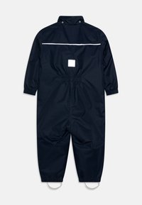 Marine vanntett dress med elastiske mansjetter, snøring i midjen og reflekterende stripe over ryggen; har et kvadratisk logo-patch.