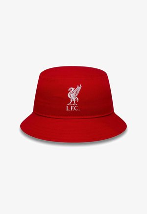 Red bucket hat made from cotton, featuring an embroidered white Liverpool F.C. logo on the front. Soft fabric with a flat brim design.