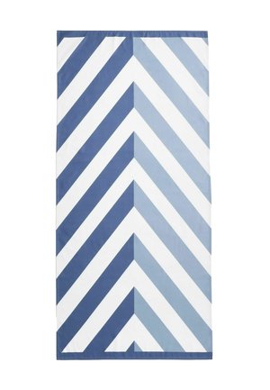 Rectangular textile with chevron pattern in dark blue, light blue, and white stripes pointing downward.