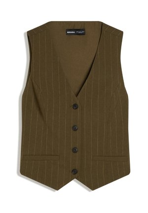 Vestă verde măslinie cu dungi fine, cu patru nasturi negri și două buzunare frontale cu canale, fără mâneci, cu guler în V.