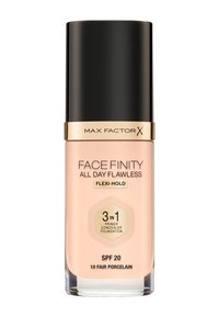 Max Factor Face Finity foundation i en klar glasflaske med en sort kappe. Blød ferskenfarve mærket som "10 Fair Porcelain." SPF 20. 3-i-1 formel.