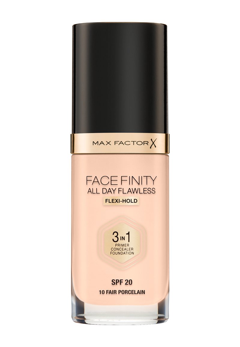 Max Factor Face Finity foundation i en klar glasflaske med en sort kappe. Blød ferskenfarve mærket som "10 Fair Porcelain." SPF 20. 3-i-1 formel.