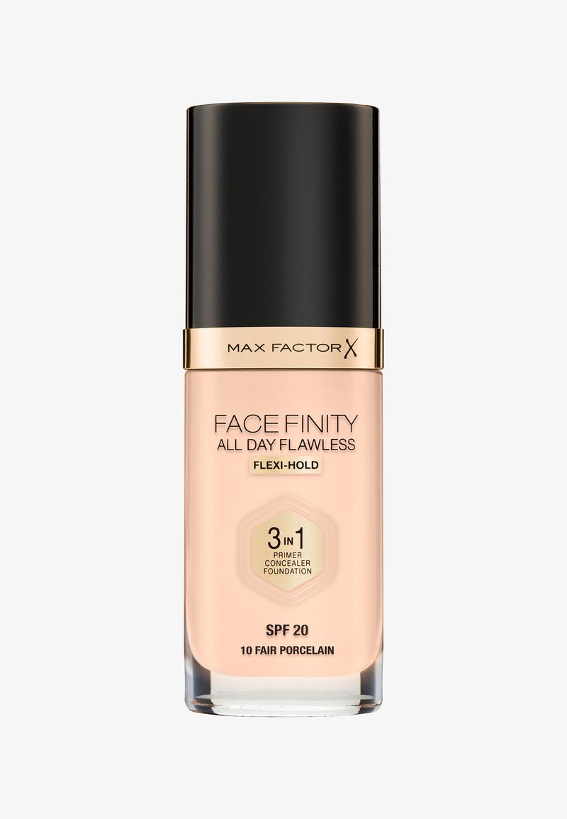 Max Factor Face Finity foundation i en klar glasflaske med en sort kappe. Blød ferskenfarve mærket som "10 Fair Porcelain." SPF 20. 3-i-1 formel.