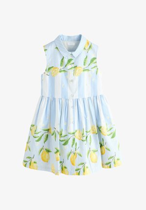 Vestito senza maniche a righe azzurro chiaro e bianco con bottoni sul davanti e stampa di limoni e foglie verdi su tutta la superficie.