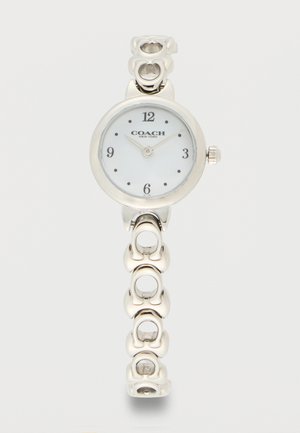 Silver Coach polshorloge met witte wijzerplaat, zwarte cijfers op 12, 3, 6, 9 en een armband met schakels in een cirkelvormig decoratief ontwerp.