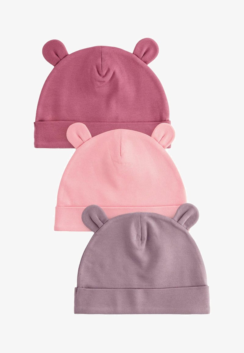 Tričko z bavlny v rôznych odtieňoch: tmavo ružová, svetlo ružová a levanduľová, každé s okrúhlymi ušami a prehnutým okrajom.