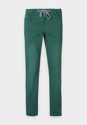 Zaļi kokvilnas maisījuma bikses ar taisnu kāju dizainu, ar elastīgu jostu un divām priekšējām kabatām. Gluda tekstūra un nav rakstu.