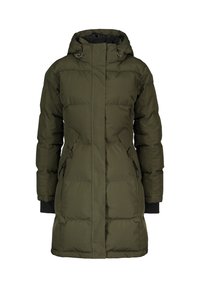 Lang, hettejakke i olivengrønn. Har glidelåslommer, ribbestrikkede mansjetter og et vattert design for isolasjon. Glatt tekstur.