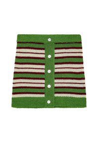 Stickad randig kjol i grön, vit och vinröd, med fem vita knappar i mitten och en ribbad midja.