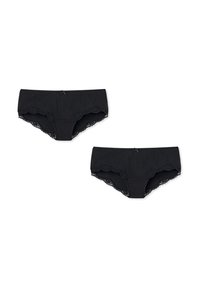 Schwarze Slips mit Spitzenbesatz, aus weicher Baumwolle und mit einer kleinen Schleifendetail auf der Vorderseite. Zwei zusammen gezeigte Teile.