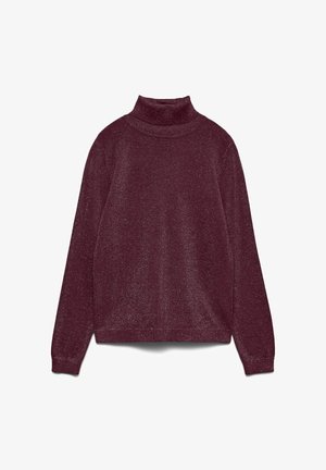 Burgundský rolákový svetr s jemnou texturou a jemným leskem, s dlouhými rukávy a žebrovaným límcem a lemem.