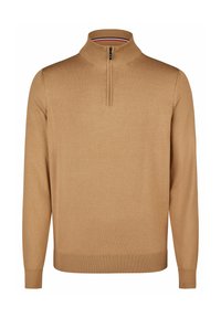 Brauner Zip-Neck-Pullover, weiches Strickmaterial, gerippter Kragen und Manschetten, lockere Passform, mit einem kontrastierenden Detail am inneren Kragen.