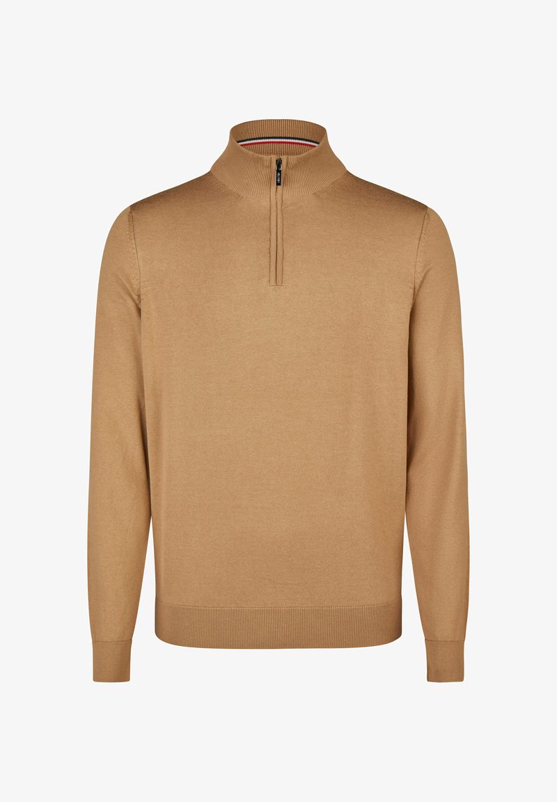 Brauner Zip-Neck-Pullover, weiches Strickmaterial, gerippter Kragen und Manschetten, lockere Passform, mit einem kontrastierenden Detail am inneren Kragen.