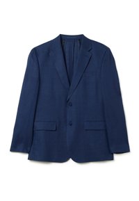Blazer azul marino de lino, con dos bolsillos frontales, dos botones y un diseño clásico de solapa. Textura suave con un ajuste a medida.