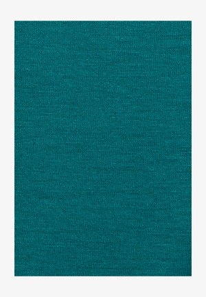 Türkisfarbener Stoff mit einer samtigen Textur und einem glatten Strickmuster, das eine gleichmäßige Webart und eine leicht dehnbare Qualität aufweist.