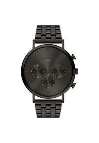 Zwarte chronograaf horloge met een ronde kast, een mesh armband, drie sub-dials en minimalistische uurmarkers op 12 en 6. Platte, gestructureerde wijzerplaat.