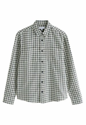 Long-sleeve shirt in black and white check pattern, featuring a button-up front, collar, and a relaxed fit with a rounded hem.