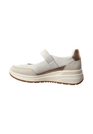 Sneaker with a white leather upper, adjustable strap, textured brown heel accent, and a supportive white sole. Rounded toe design.