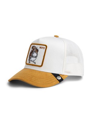 White and tan mesh trucker cap with squirrel patch labeled "NUTS" on front and small black fabric tag on brim.