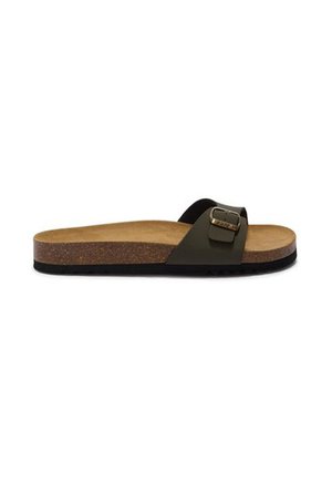 Heren slippers met één verstelbare band in olijfgroen met gespsluiting, kurken voetbed, bruine binnenzool en zwarte rubberen buitenzool.
