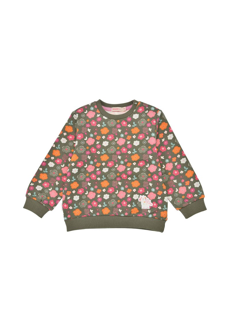 Olive green sweatshirt, cotton material, adorned with vibrant floral patterns in pink, orange, white, with ribbed cuffs and hem.
