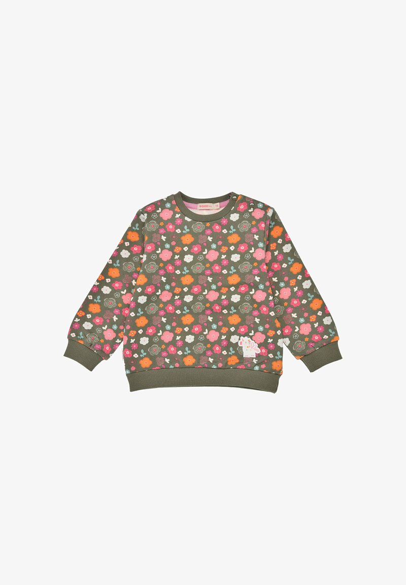 Olive green sweatshirt, cotton material, adorned with vibrant floral patterns in pink, orange, white, with ribbed cuffs and hem.