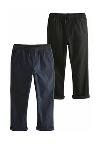 Zwei Paare von geraden Beinhosen; eine in Navyblau und eine in Schwarz, beide mit umgeschlagenen Säumen und elastischem Bund mit Kordelzug. Aus einem Baumwollgemisch.