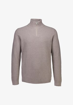 Hellbrauner Strickpullover mit langen Ärmeln und einem kurzen Reißverschluss an einem hohen Kragen, auf einem weißen Hintergrund präsentiert.