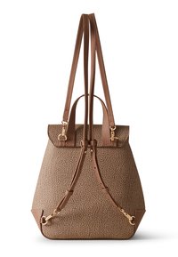 Brown textured leather backpack with adjustable straps, gold hardware, and a top handle, shown from the back against a white background.