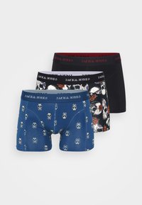 Drei Paare Herrenboxershorts in Blau, Schwarz und mit einem Muster aus Totenköpfen und Rosen. Elastische Taillenbünde mit Logo-Text.
