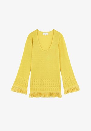Yellow knit sweater with a deep V-neck, long bell sleeves, and fringed hems. Features textured patterns at the sleeves and bottom.