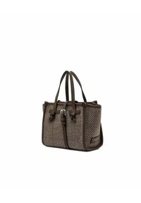 Piccola borsa strutturata in tessuto scozzese marrone con rifiniture in pelle, doppi manici e dettaglio con fibbia frontale.