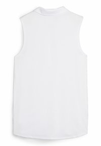 Bezruká biela polo košieľka s vysokým golierom, hladkým povrchom a zaobleným lemom. Bez viditeľného loga alebo vzorov.