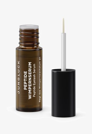 Braune Glasflasche mit einem weißen Deckel, beschriftet mit "Peptid-Wimpernserum." Silberner Applikatorstab in einem schwarzen zylindrischen Behälter.