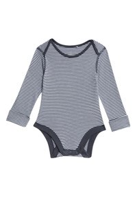 Bodysuit de bebé de manga larga en rayas azul marino y blancas. Material de algodón suave con un escote redondeado y cierre de botones en la parte inferior.