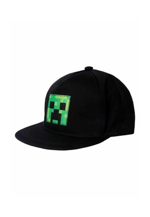Schwarze Snapback-Kappe mit einem grünen, pixeligen Creeper-Gesicht aus Minecraft auf der Vorderseite.