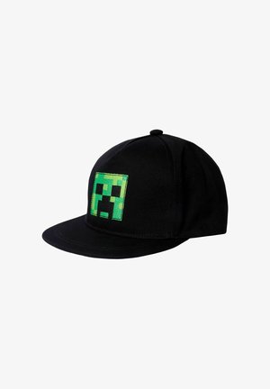 Schwarze Snapback-Kappe mit einem grünen, pixeligen Creeper-Gesicht aus Minecraft auf der Vorderseite.