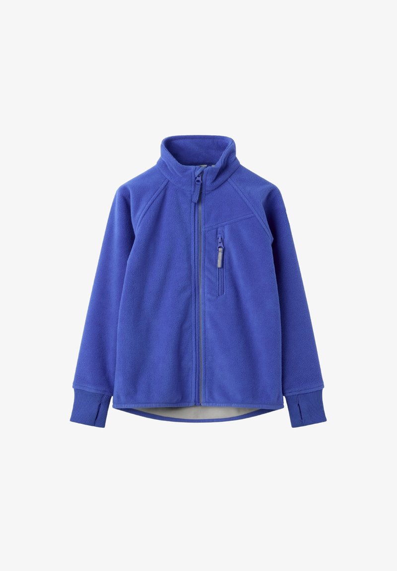 Paarse fleece jas met een hoge kraag, ritsfront en een borstzak. Voorzien van ribgebreide manchetten en een iets verlengde achterzoom.