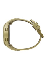 Orologio in plastica verde con una lunetta testurizzata, quadrante piatto e cinturino regolabile dotato di fibbia quadrata e bottoni laterali.