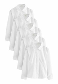 Weiß gekrägte Langarmshirts, gestapelt, mit Knopfverschluss und einer glatten Baumwolltextur. Keine sichtbaren Muster oder Akzente.