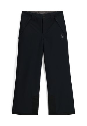 Pantalons d'hiver noirs en tissu extérieur résistant, avec une coupe large, des poches zippées et des accents en mesh à l'ourlet pour la ventilation.